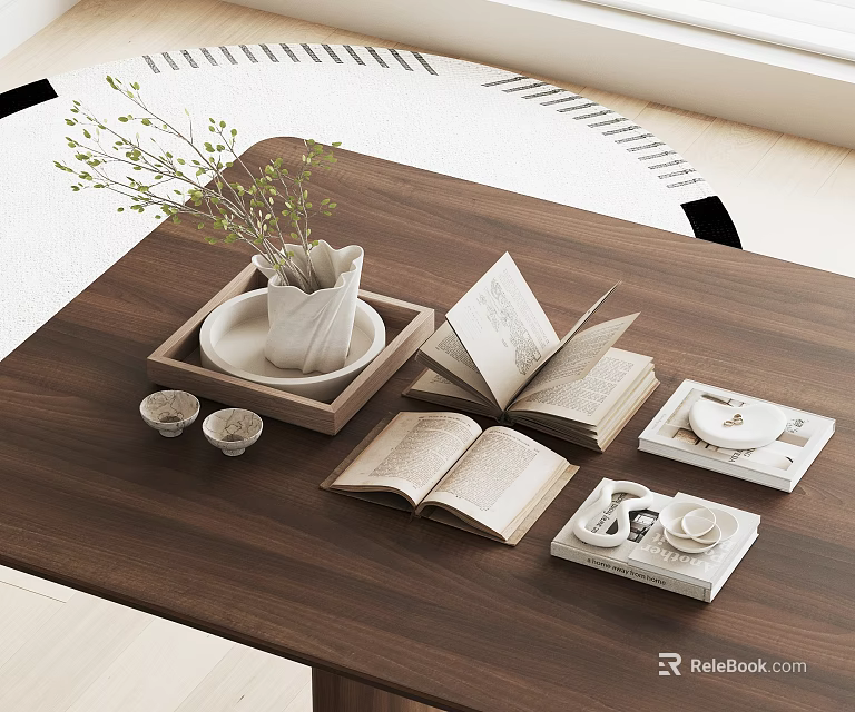 Decorative Accessories Set with White Vase Green Foliage Open Books Teacups on Wooden Coffee Table 3d model 