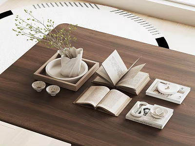 Decorative Accessories Set with White Vase Green Foliage Open Books Teacups on Wooden Coffee Table 3d model