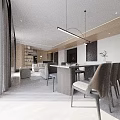 Modern Living And Dining Room Interior With Open Marble Countertop Wooden Ceiling Large Windows Sofa