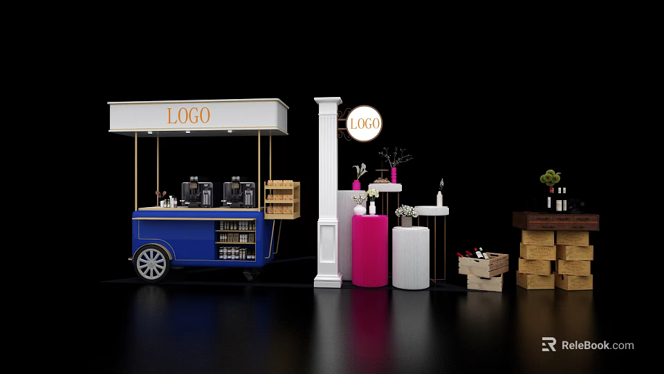 Exhibition Setup With Blue Cart LOGO Sign COCO Pillar Pink White Display Stands Wooden Crates 3d model 