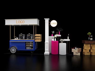 Exhibition Setup With Blue Cart LOGO Sign COCO Pillar Pink White Display Stands Wooden Crates 3d model