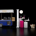 Exhibition Setup With Blue Cart LOGO Sign COCO Pillar Pink White Display Stands Wooden Crates