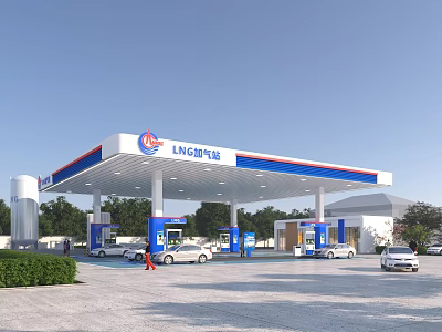 Lukoil Gas Station With Blue White Red Striped Canopy Fuel Pumps And Cars 3d model