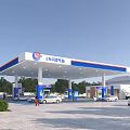 Lukoil Gas Station With Blue White Red Striped Canopy Fuel Pumps And Cars
