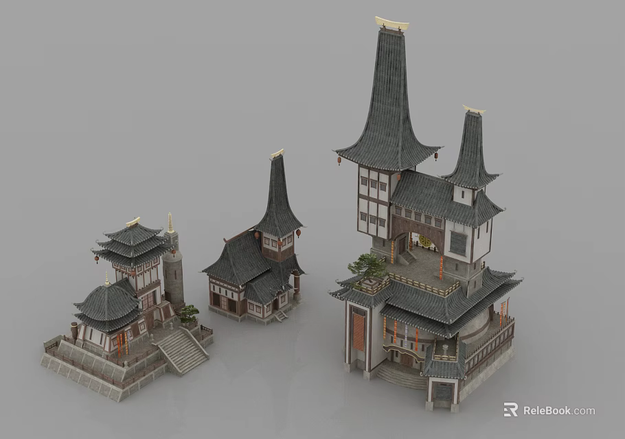Traditional Chinese Ancient Architecture Models With Black Tiled Roofs And Wooden Structures 3d model 
