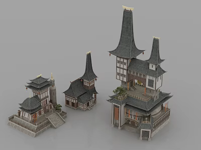 Traditional Chinese Ancient Architecture Models With Black Tiled Roofs And Wooden Structures 3d model