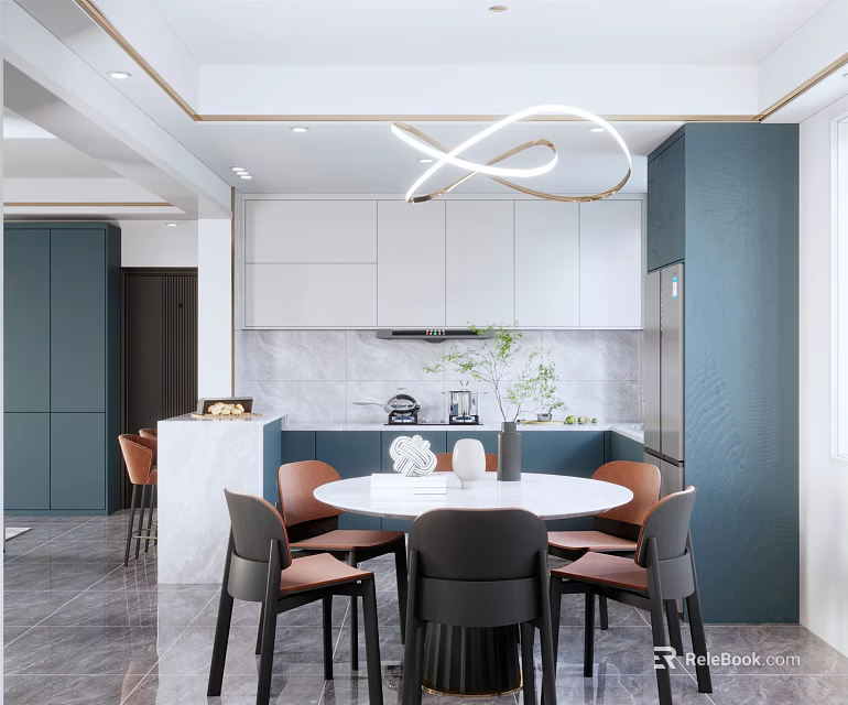Elegant Modern Restaurant Interior With Round Dining Table And Blue White Cabinets 3d model