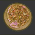 Sliced Pizza Topped With Ham Red Pepper Onion And Cheese On Wooden Board