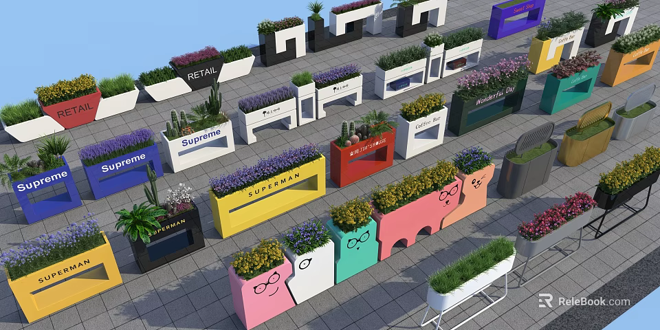 Colorful Outdoor Garden Planters With Various Designs And Flower Plants 3d model 