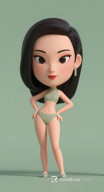 Cartoon Woman with Long Black Hair in Light Green Bikini Wearing Earrings on Green Background 3d model 