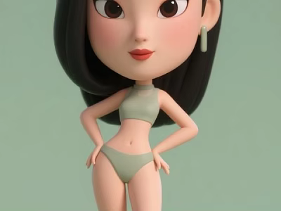 Cartoon Woman with Long Black Hair in Light Green Bikini Wearing Earrings on Green Background 3d model
