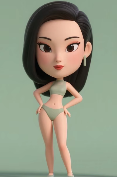 Cartoon Woman with Long Black Hair in Light Green Bikini Wearing Earrings on Green Background 3d model