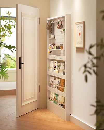 White Wall Shelf in Bright Indoor Space with Books Decor and Green Plants 3d model