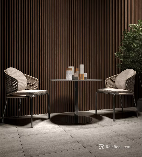 Round Outdoor Table With Woven Padded Chairs Wooden Slat Wall And Green Plant 3d model 