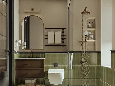 Modern Bathroom Interior Design With Green Tiles Arched Mirror And Wooden Vanity 3d model