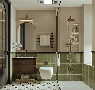 Modern Bathroom Interior Design With Green Tiles Arched Mirror And Wooden Vanity 3d model