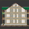 Cartoon Style Wooden House with Green Roof Solar Panels Balconies Small Plants and White Fence
