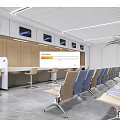 Modern Public Service Hall Interior With Wooden Counters Seats Screens And Plants