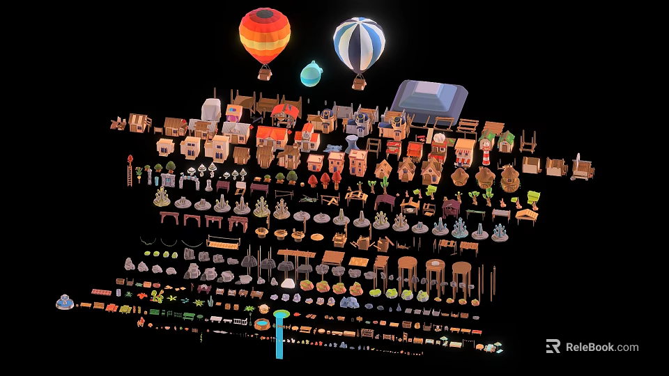 Cartoon Scene With Hot Air Balloons Small Houses Trees And Furniture Elements 3d model 