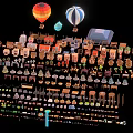 Cartoon Scene With Hot Air Balloons Small Houses Trees And Furniture Elements