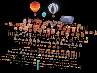 Cartoon Scene With Hot Air Balloons Small Houses Trees And Furniture Elements 3d model