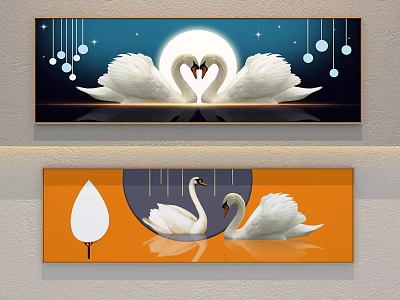 Swan Paintings With Heart Shape Moon Stars Blue Background Water Reflection And Orange Decor Balls 3d model