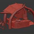 Traditional Bamboo Hut With Red Canopy Netting Interior Wooden Table Chair Cloth And Fruits