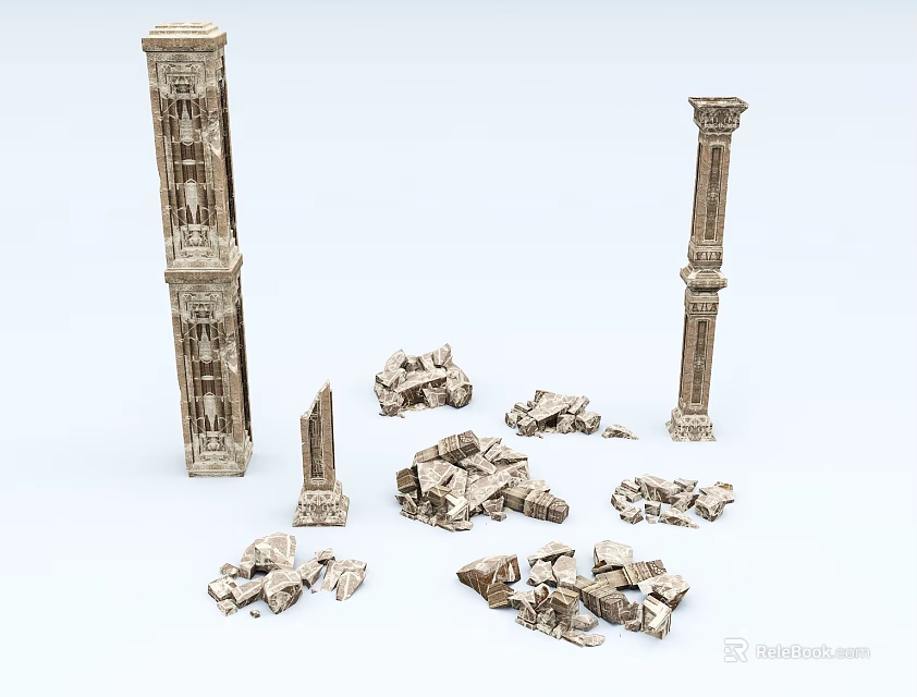 Ancient Stone Columns With Carved Details And Scattered Broken Fragments 3d model 