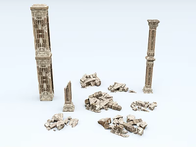 Ancient Stone Columns With Carved Details And Scattered Broken Fragments 3d model
