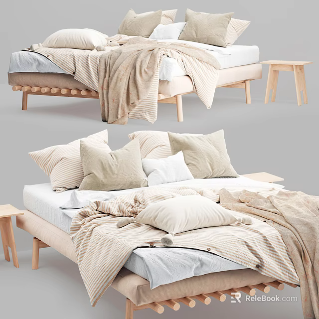 Cozy Double Bed With Soft Beige Blankets Pillows And Wooden Frame 3d model 