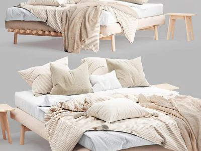 Cozy Double Bed With Soft Beige Blankets Pillows And Wooden Frame 3d model