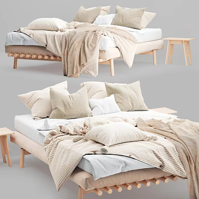 Cozy Double Bed With Soft Beige Blankets Pillows And Wooden Frame 3d model