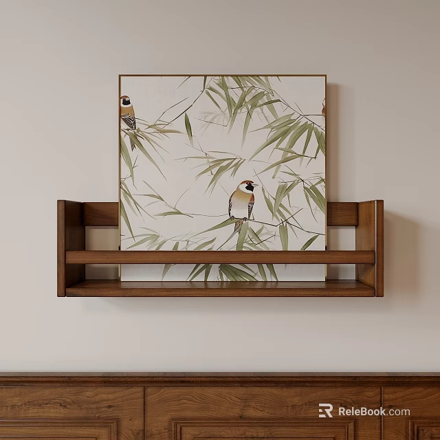 Decorative Plant Painting with Bamboo Leaves and Birds on Wooden Shelf Light Wall Background 3d model 