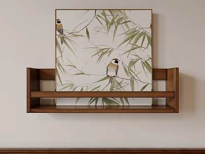 Decorative Plant Painting with Bamboo Leaves and Birds on Wooden Shelf Light Wall Background 3d model