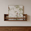 Decorative Plant Painting with Bamboo Leaves and Birds on Wooden Shelf Light Wall Background