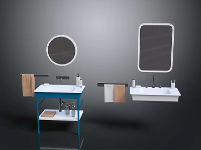 Modern Bathroom Furniture Set With Blue Frame Vanity White Sink Mirrors And Towel Racks 3d model