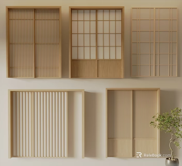 Modern Wooden Sliding Doors With Grid And Slat Designs For Interior Decoration 3d model 