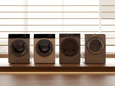 Four Modern Washing Machines Placed By Window With Wooden Countertop And Soft Lighting 3d model