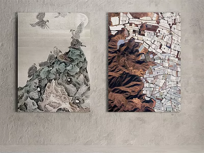 Two Abstract Wall Paintings With Bird Figures And Mountain Collage Design 3d model