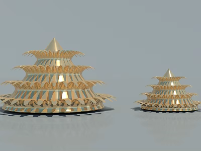 Two Golden Multi Layered Tower Like Decorative Structures With Geometric Design 3d model