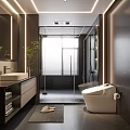 Modern Bathroom Interior Design With Glass Shower Enclosure White Toilet And Black Vanity