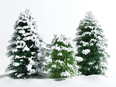 Three Snow Covered Arbor Trees Featuring Tall and Small in Snowy Landscape 3d model