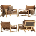Brown Leather Single Sofa With Checkered Pillows Faux Fur Blanket And Woven Backrest