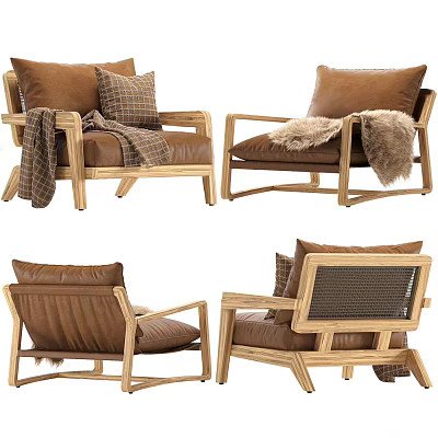 Brown Leather Single Sofa With Checkered Pillows Faux Fur Blanket And Woven Backrest 3d model