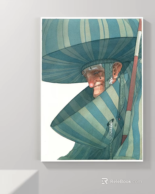 Elderly Man Portrait With Blue Green Striped Hat Robe And Walking Stick Artwork 3d model 