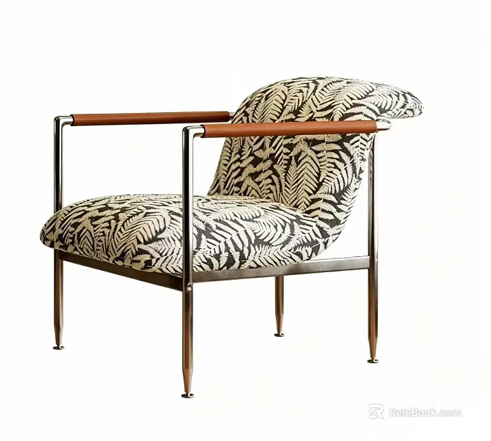Modern Leaf Pattern Upholstered Accent Chair With Polished Metal Frame And Stylish Brown Leather Armrests 3d model 