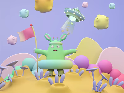 Cartoon Fantasy Scene With Green Rabbit Character Holding Flag UFO Mushroom Plants And Colorful Spheres 3d model