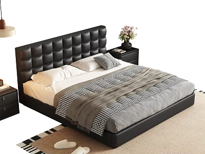 Modern Double Bed With Black Tufted Leather Headboard And Nightstands Flower Vase Pendant Light 3d model