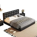 Modern Double Bed With Black Tufted Leather Headboard And Nightstands Flower Vase Pendant Light