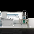 Modern Exhibition Booth Interior With White Counter Display Shelves Brand Signage And Plants